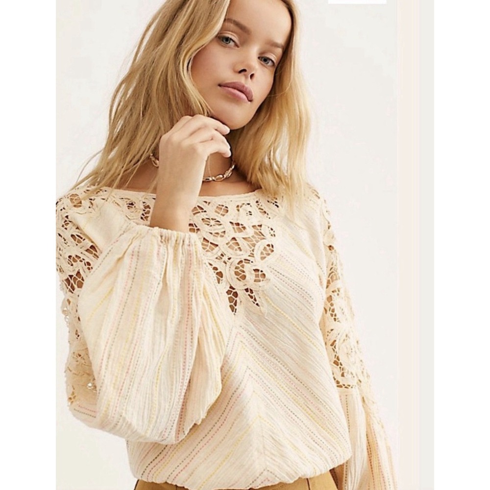 Free People Floating Memories Natural Top Blouse Med $148 OB910838 Long Sleeve